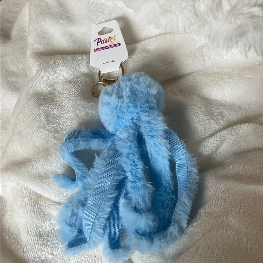 Blue Furry Monster plush octopus keychain purse charm key ring and claw clip NWT
